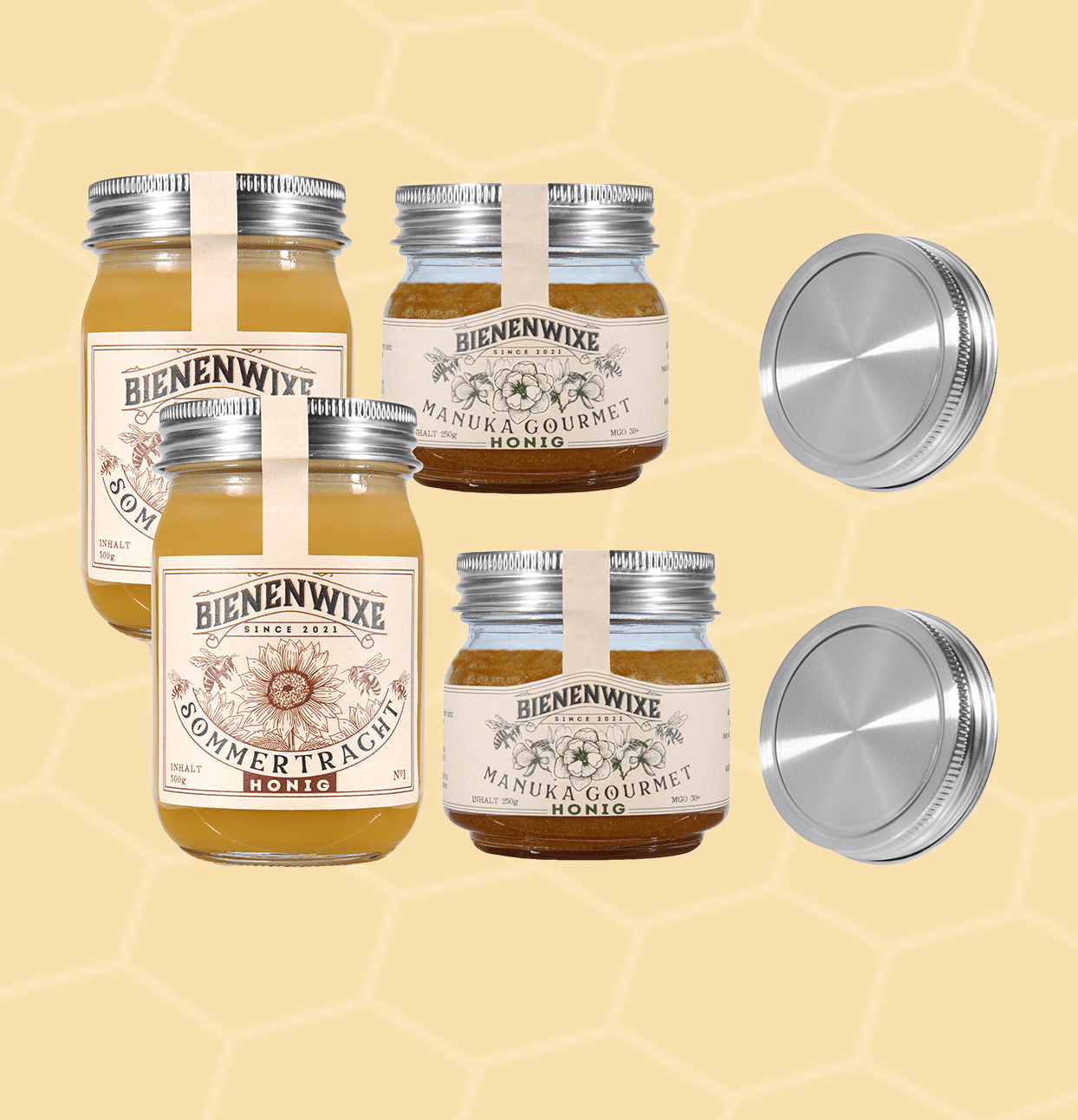 Bienenwixe Sommertracht- und Manuka Gourmet-Honig Set mit nachhaltigen Deckeln