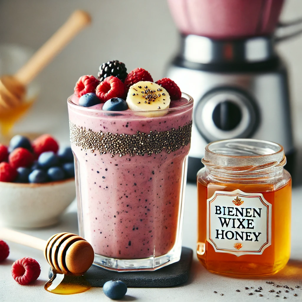 Erfrischender Smoothie mit Banane, Beeren und Bienenwixe Honig