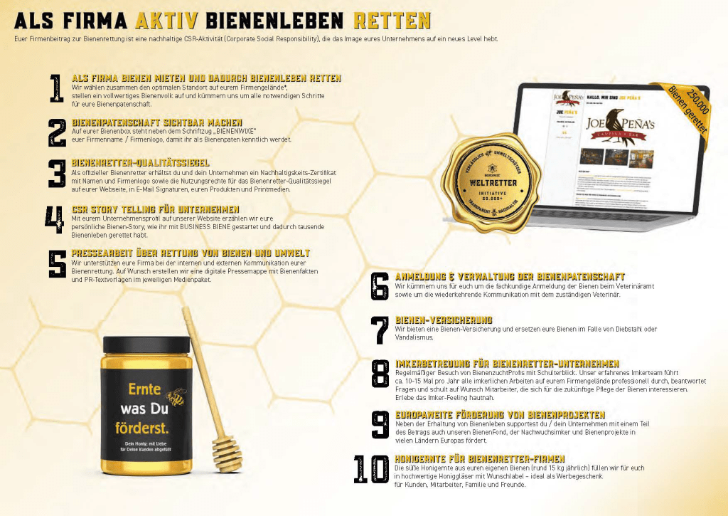 Preisliste für Bienenwixe und CO2Biene: Als Firma aktiv Bienenleben retten und Nachhaltigkeit fördern.