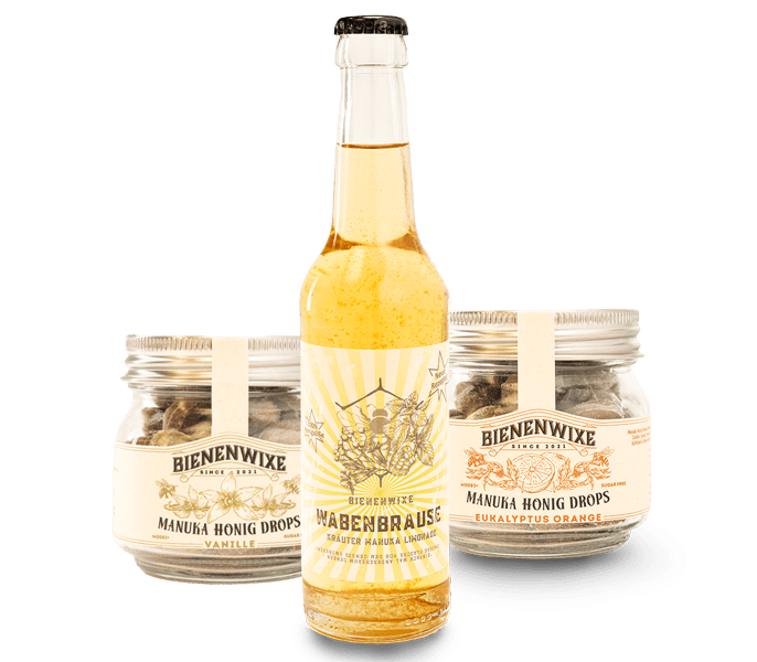 Bienenwixe Wabenbrause Kräuterlimonade mit Manuka Honig Drops in Vanille und Eukalyptus Orange.