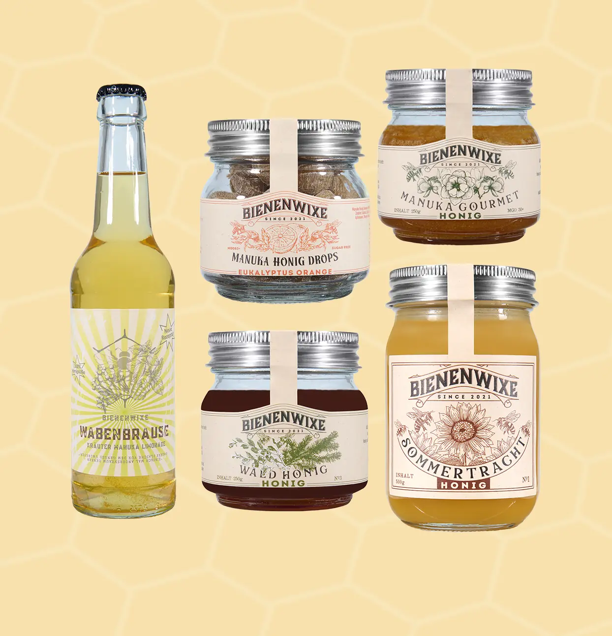Bienenwixe Starterpack mit Manuka Honig Drops, Wabenbrause, Manuka Gourmet Honig, Waldhonig und Sommertracht Honig