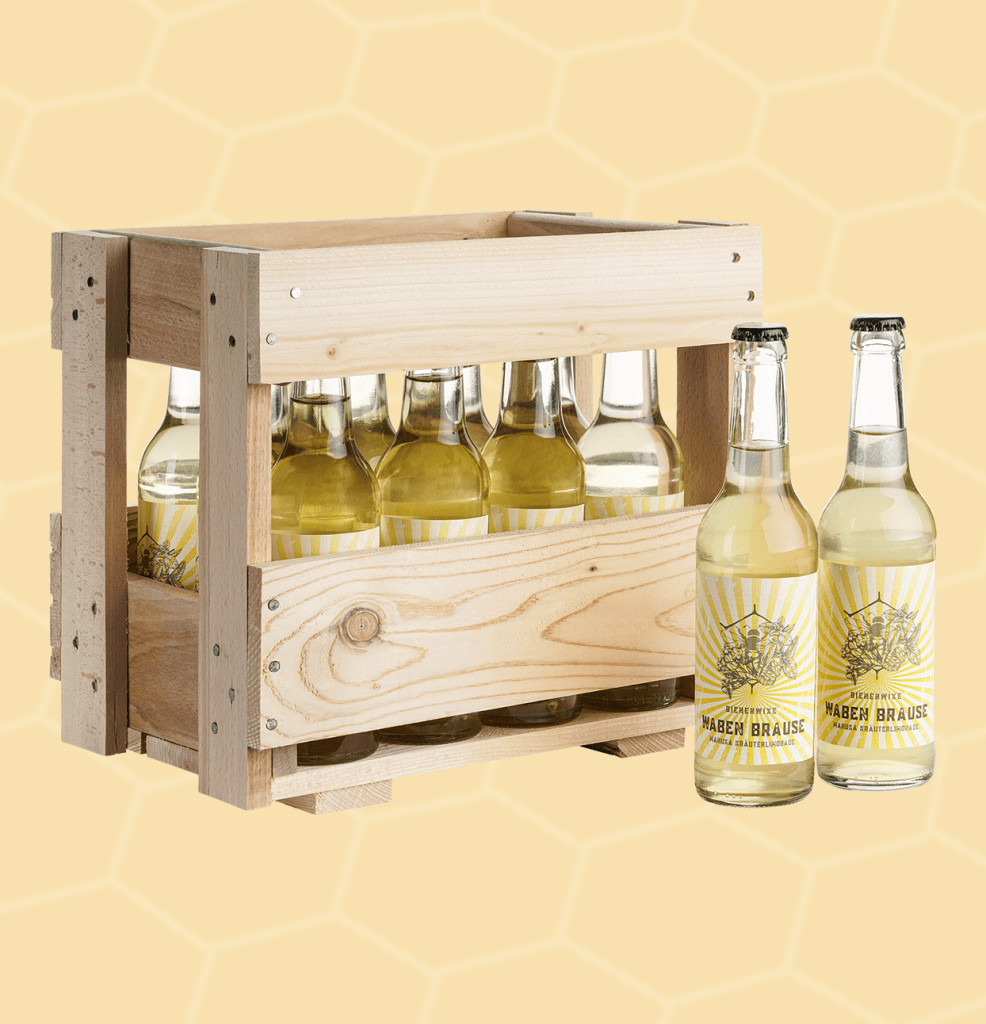 Wabenbrause Kräuterlimonade im 12er-Holzkasten von Bienenwixe